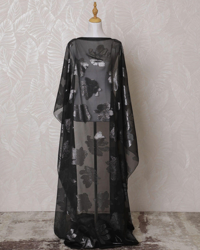 Black Premium pure French (Fransawi) silk chiffon dirac fabric with same tone and silver metallic lurex in floral design-D15622