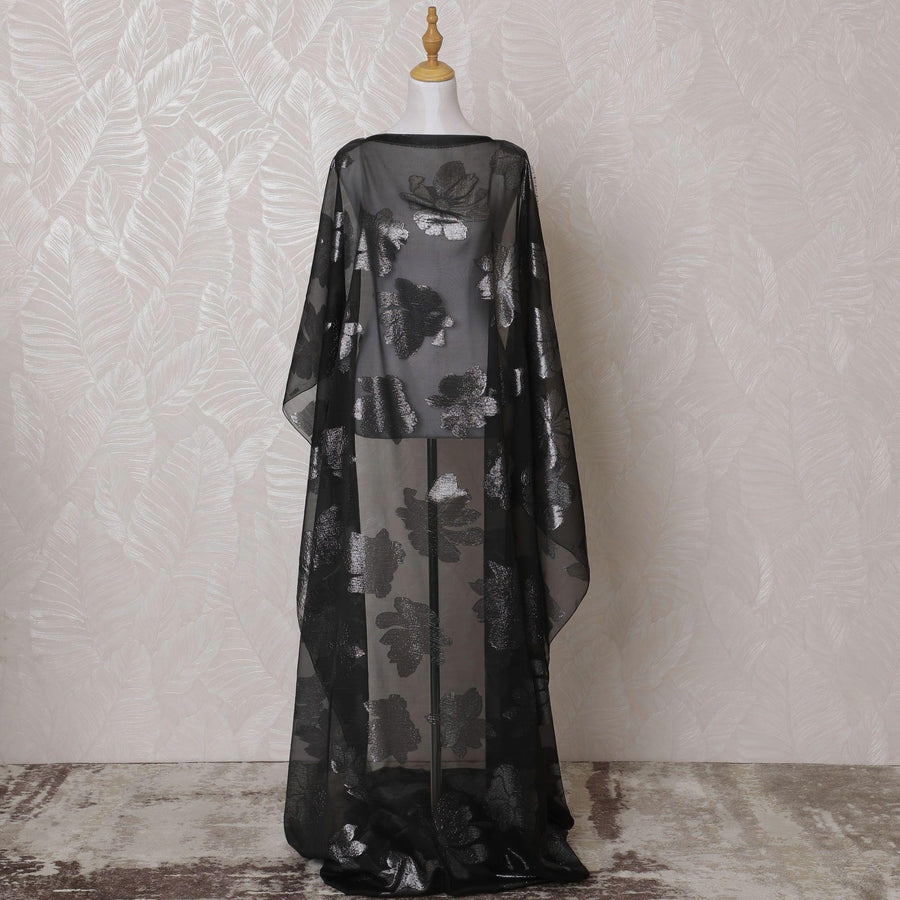 Black Premium pure French (Fransawi) silk chiffon dirac fabric with same tone and silver metallic lurex in floral design-D15622