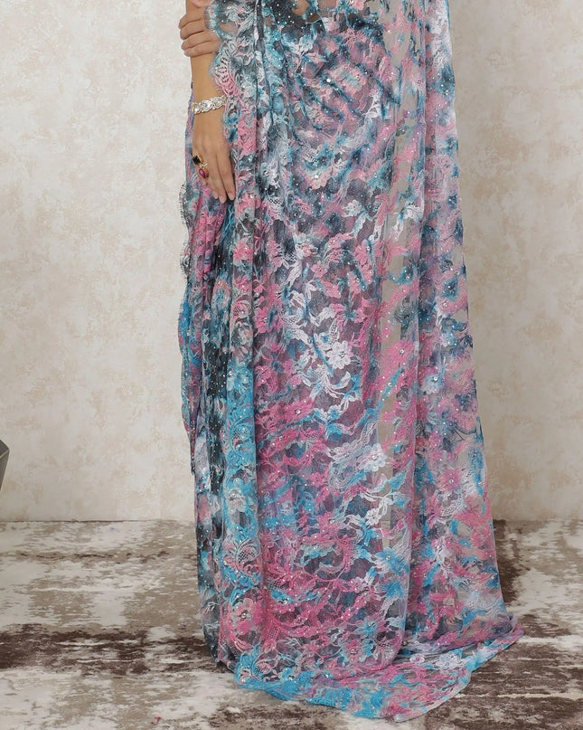 Multicolor Premium Pure French chantilly saree lace having stone work in floral design-D12574 Regal Fabrics