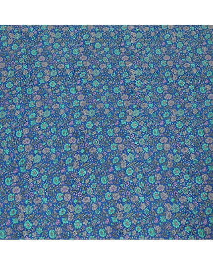 Royal blue silk crepe fabric with turquoise green, grey and lilac print in floral design-D8456 Regal Fabrics