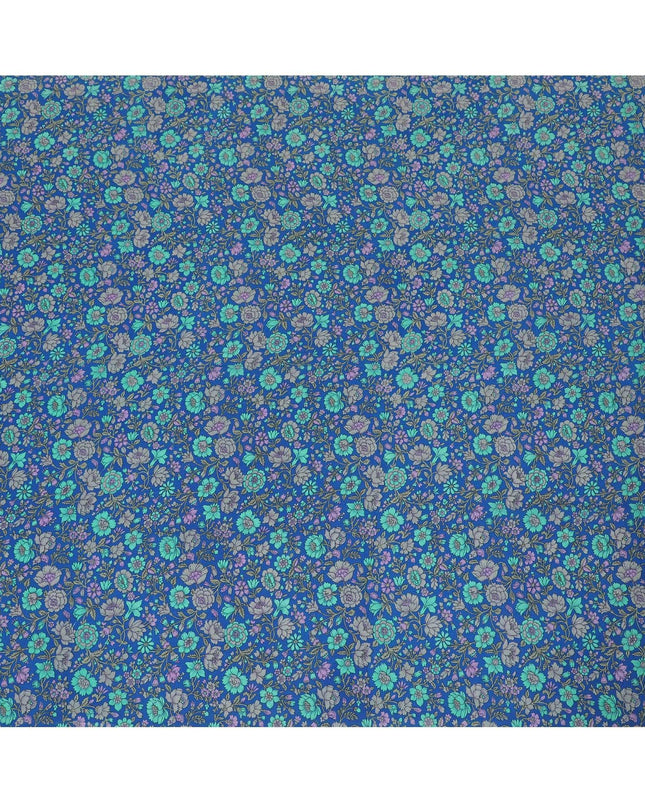 Royal blue silk crepe fabric with turquoise green, grey and lilac print in floral design-D8456 Regal Fabrics