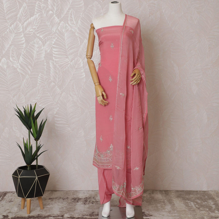Salmon pink Premium pure silk crepe kameez with bead work, sequin work and stone work in floral design. Salmon pink plain salwar with same tone chiffon dupatta with same tone embroidery and bead work-D15579