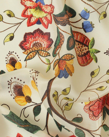 Laguna yellow synthetic crepe fabric with multicolor print in floral design-D10017