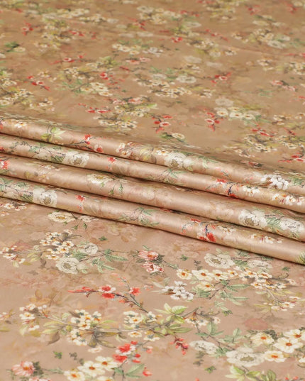 Sandy brown viscose modal satin fabric with ruby pink, olive green and beige print in floral design-D7429 Regal Fabrics