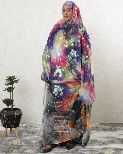 Multicolor premium pure silk chiffon garbasaar with neon green metallic lurex in floral design-D9553 Regal Fabrics