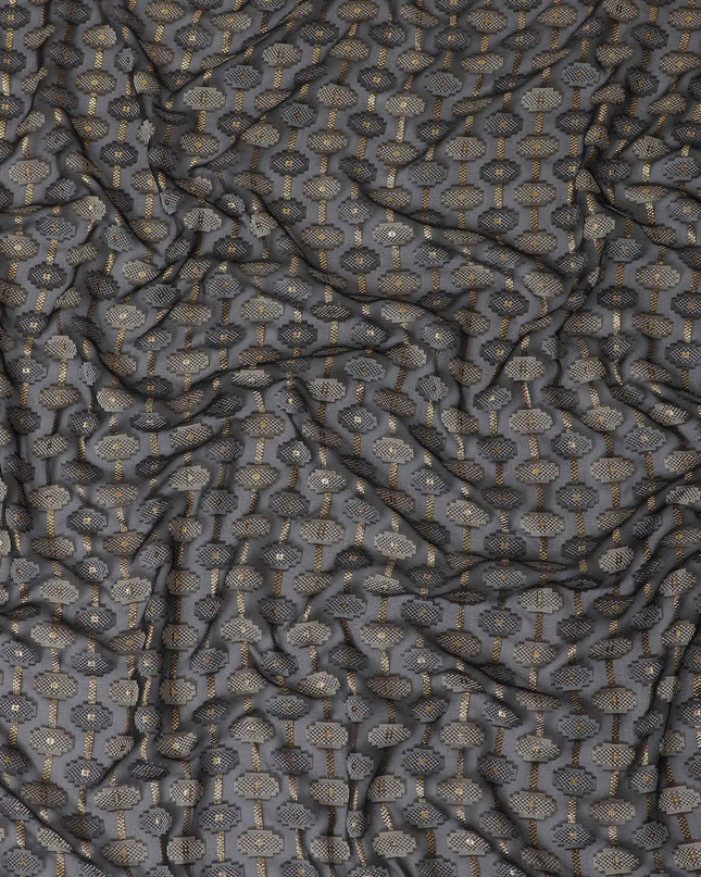 Black Premium pure French (Fransawi) silk chiffon fabric with grey viscose having gold metallic lurex in abstract design-D12704