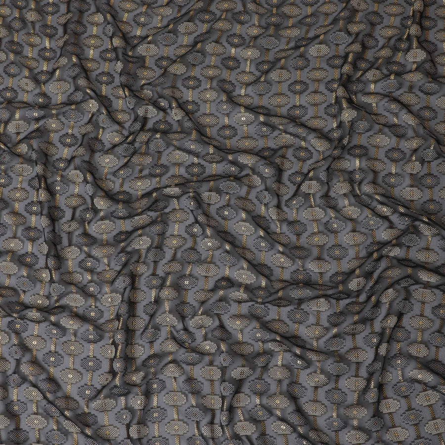 Black Premium pure French (Fransawi) silk chiffon fabric with grey viscose having gold metallic lurex in abstract design-D12704