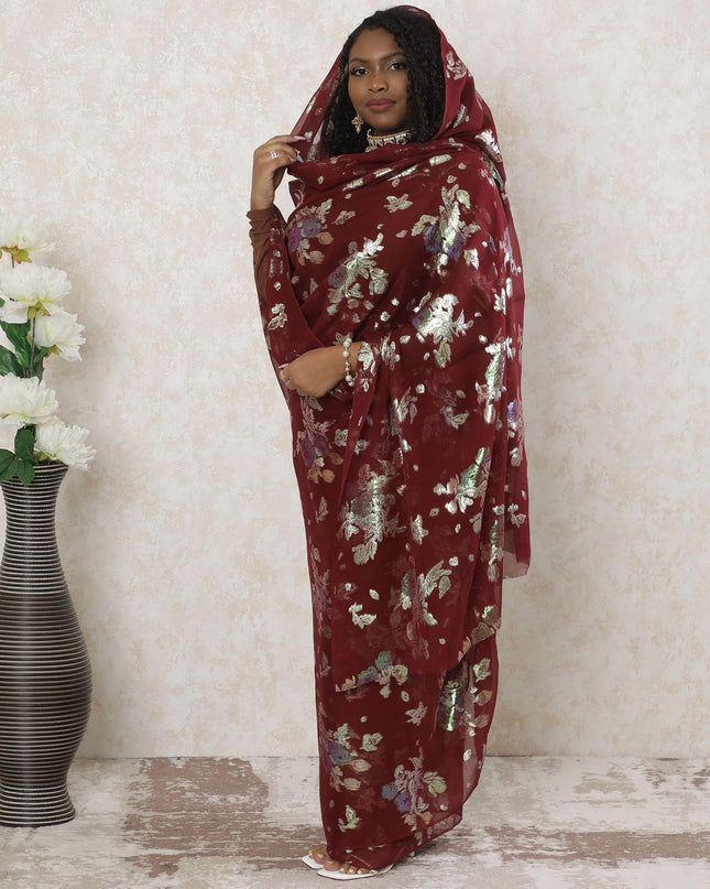 Maroon Premium pure silk chiffon thobe with multicolor metallic lurex in floral design-D14361