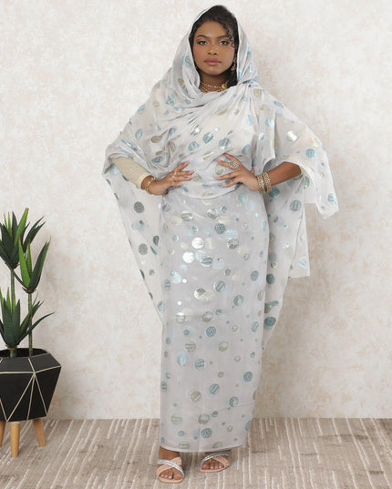 ثوب شيفون من الحرير الخالص باللون الرمادي المميز مع لوركس معدني أزرق وذهبي بتصميم منقط-D11641