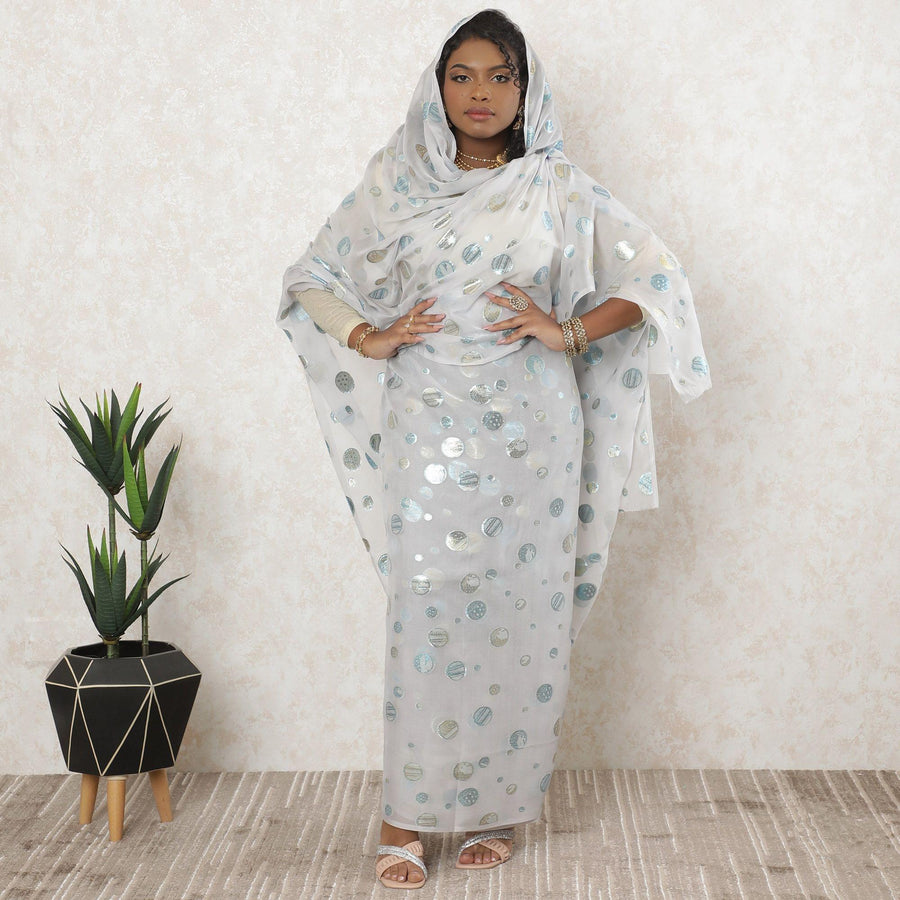 ثوب شيفون من الحرير الخالص باللون الرمادي المميز مع لوركس معدني أزرق وذهبي بتصميم منقط-D11641