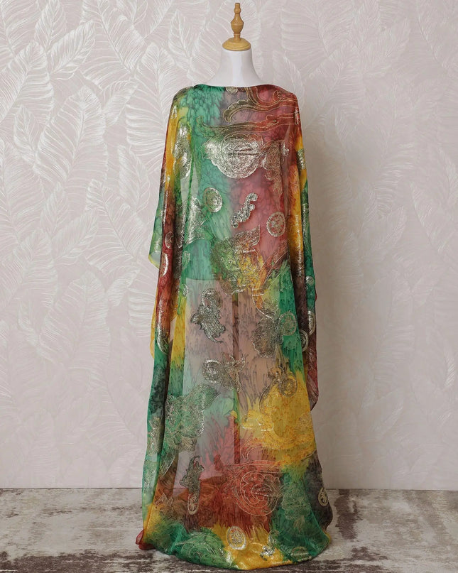Multicolor Premium pure French (Fransawi) silk chiffon dirac fabric with hand print having gold metallic lurex in floral design-D15616 Regal Fabrics