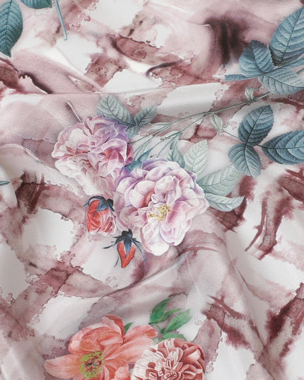 Light rose pink synthetic crepe fabric with multicolor print in floral design-D7639 Regal Fabrics