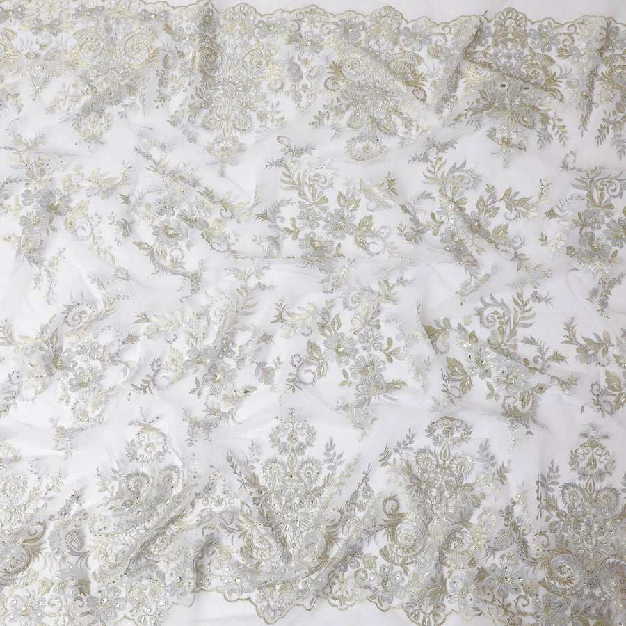 Cloud grey nylon tulle fabric with silver and light gold embroidery having stone work in floral design-D11680