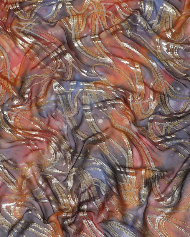 قماش شيفون من الحرير الخالص متعدد الألوان مع لوريكس معدني ذهبي بتصميم تجريدي-D14103