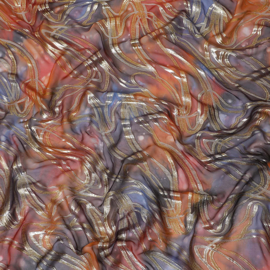 قماش شيفون من الحرير الخالص متعدد الألوان مع لوريكس معدني ذهبي بتصميم تجريدي-D14103