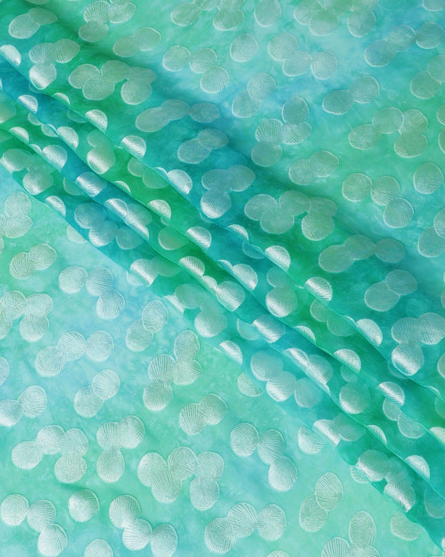 قماش شيفون حرير نقي فاخر باللون الأخضر الفيروزي مع طباعة متعددة الألوان بها فيسكوز فضي بتصميم منقط-D13118