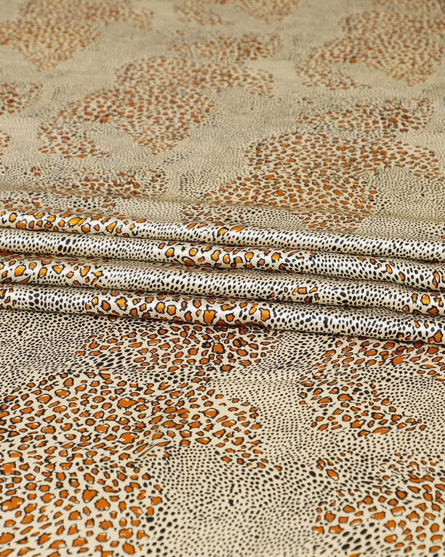 Beige premium 100% Pure silk satin fabric with black and squash orange print in animal skin design-D9293