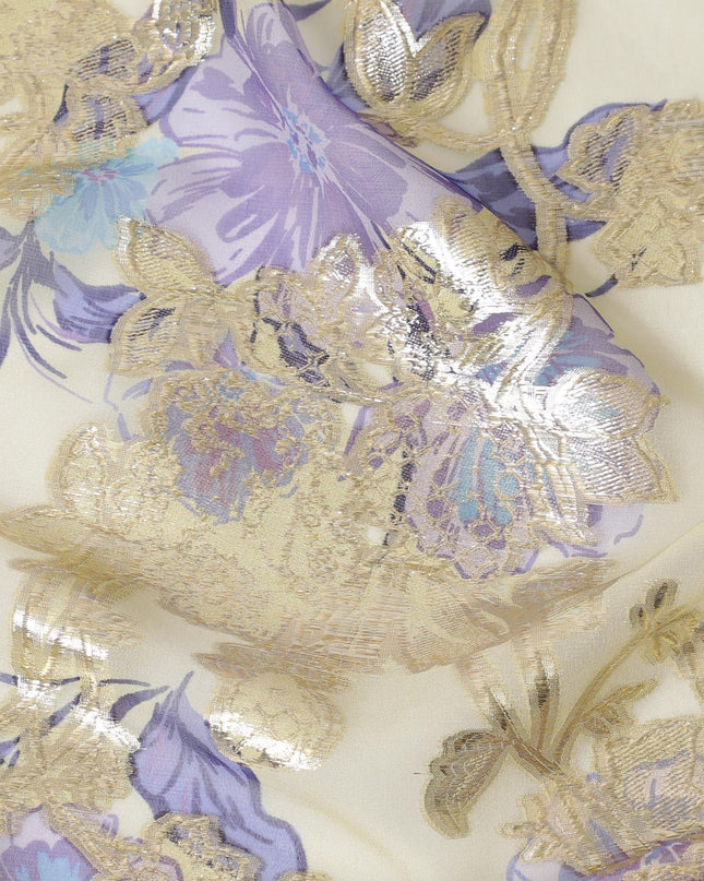 قماش شيفون من الحرير الخالص الذهبي مع طباعة متعددة الألوان ولوريكس معدني ذهبي بتصميم زهور-D14296