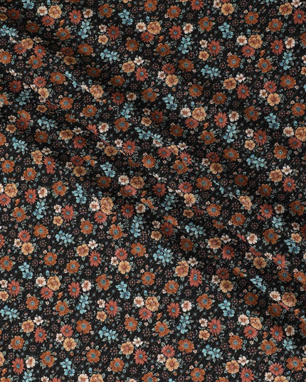 Black viscose crepe printed fabric with multi colour prints in floral design-D11159