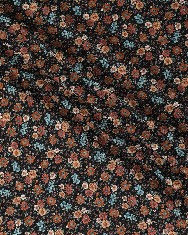 Black viscose crepe printed fabric with multi colour prints in floral design-D11159
