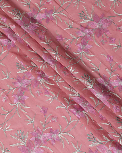 قماش الفوال القطني الخالص الفاخر باللون الوردي السلمون مع تطريز باللون الوردي القرميدي والأخضر الداكن والبيج بتصميم الأزهار-D15245