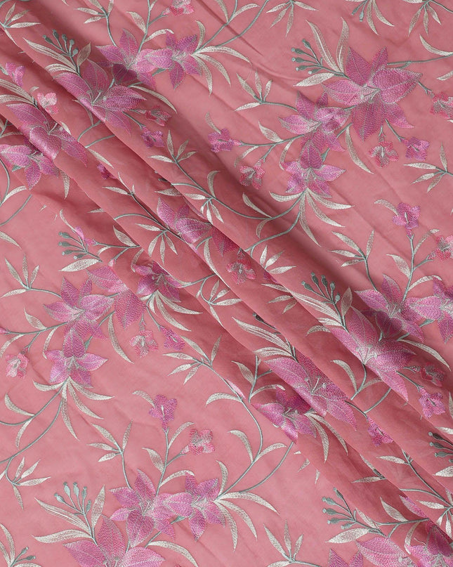 قماش الفوال القطني الخالص الفاخر باللون الوردي السلمون مع تطريز باللون الوردي القرميدي والأخضر الداكن والبيج بتصميم الأزهار-D15245