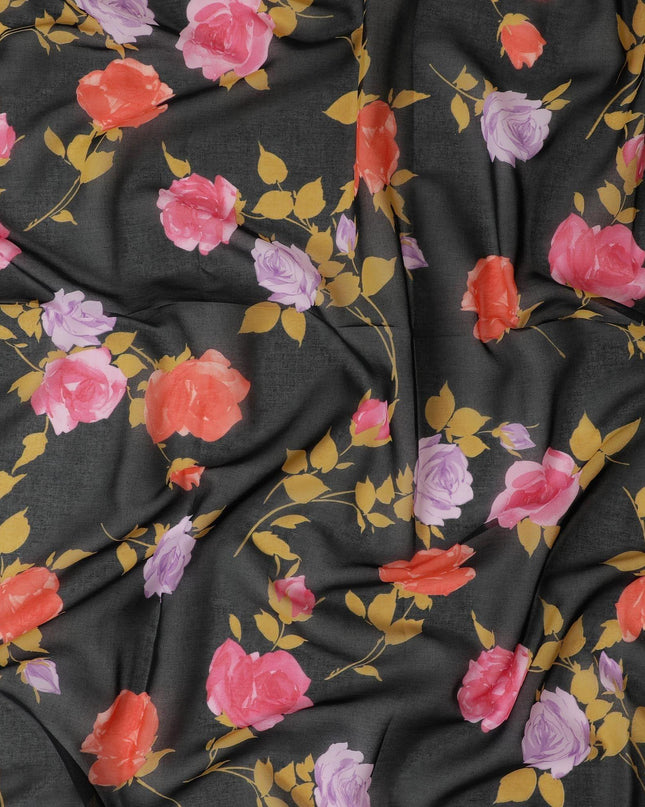 Black Swiss cotton voile fabric with gold, creamy pink and lilac print in floral design