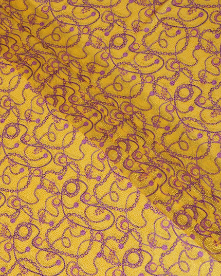 Cyber yellow Premium pure Italian silk blended burnout velvet fabric with magenta purple print in fancy design-D13840