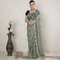Vista green, grey Premium two tone French chantilly lace saree in floral design-D14539