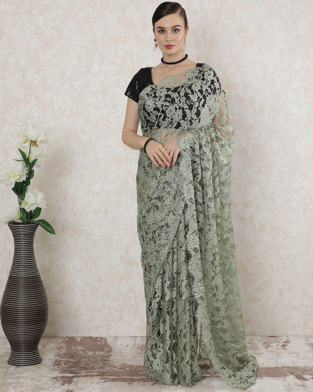 Vista green, grey Premium two tone French chantilly lace saree in floral design-D14539