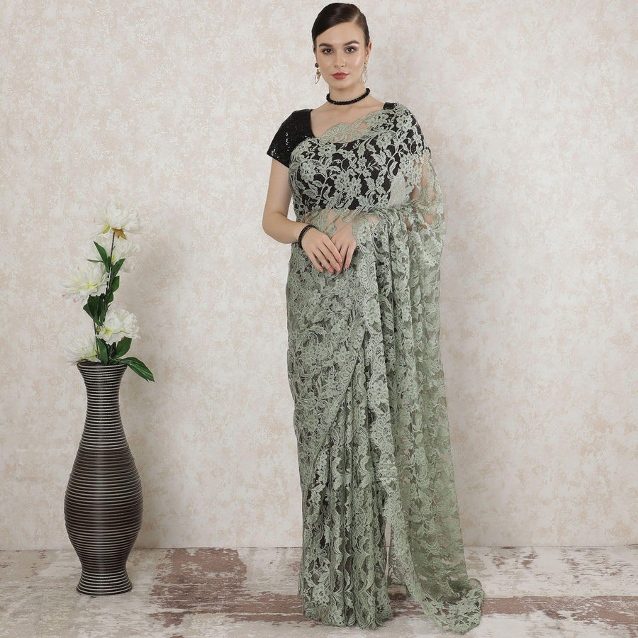 Vista green, grey Premium two tone French chantilly lace saree in floral design-D14539