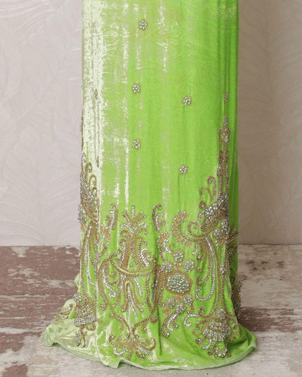 Kelly green silk blended velvet fabric with gold, silver embrodiery, bead work and stone work in floral design-D14705