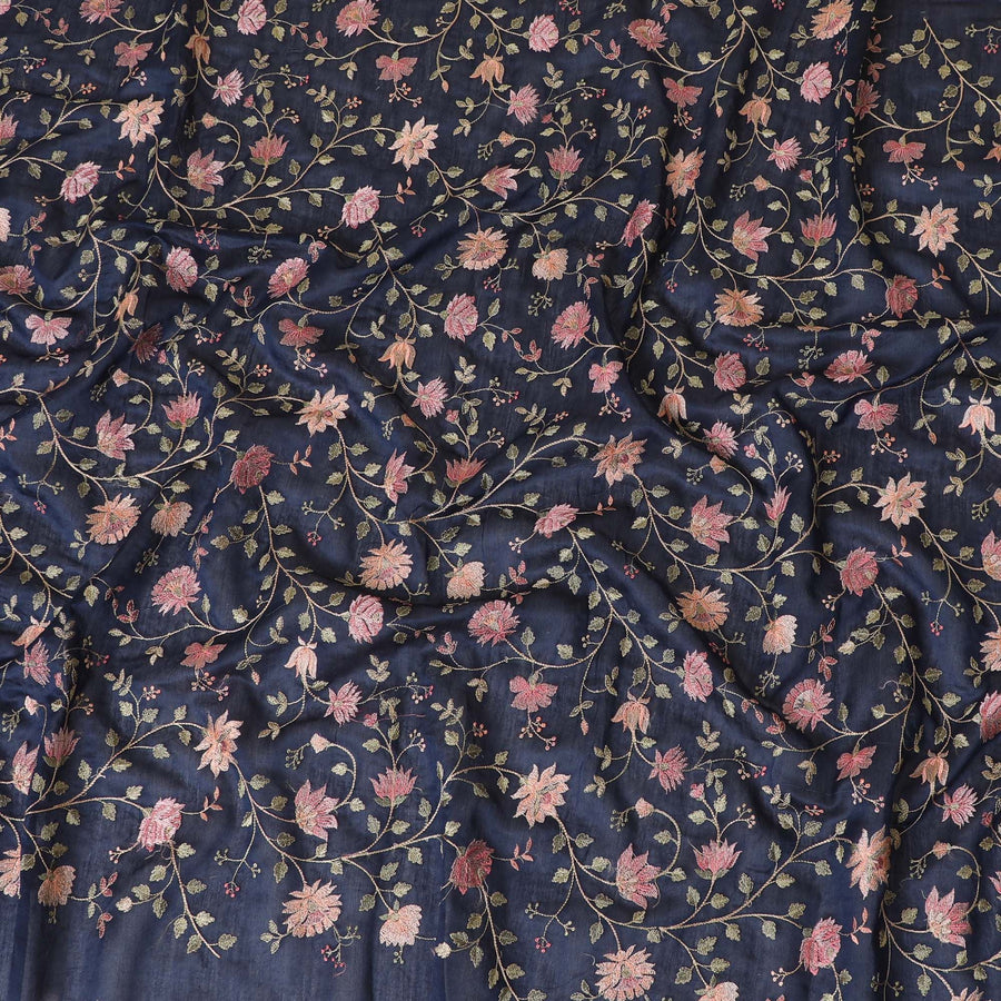 Navy blue tussar silk fabric with multicolor embroidery in floral design-D7234