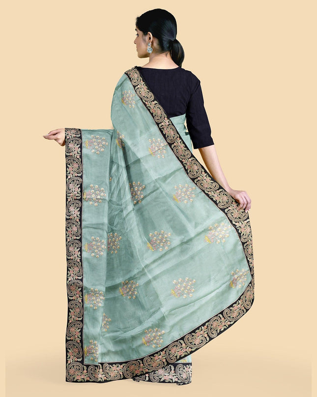 قماش توسر صناعي باللون الأخضر النعناعي مع تطريز متعدد الألوان بتصميم زهور. قطعة بلوزة بنفس اللون-D12744