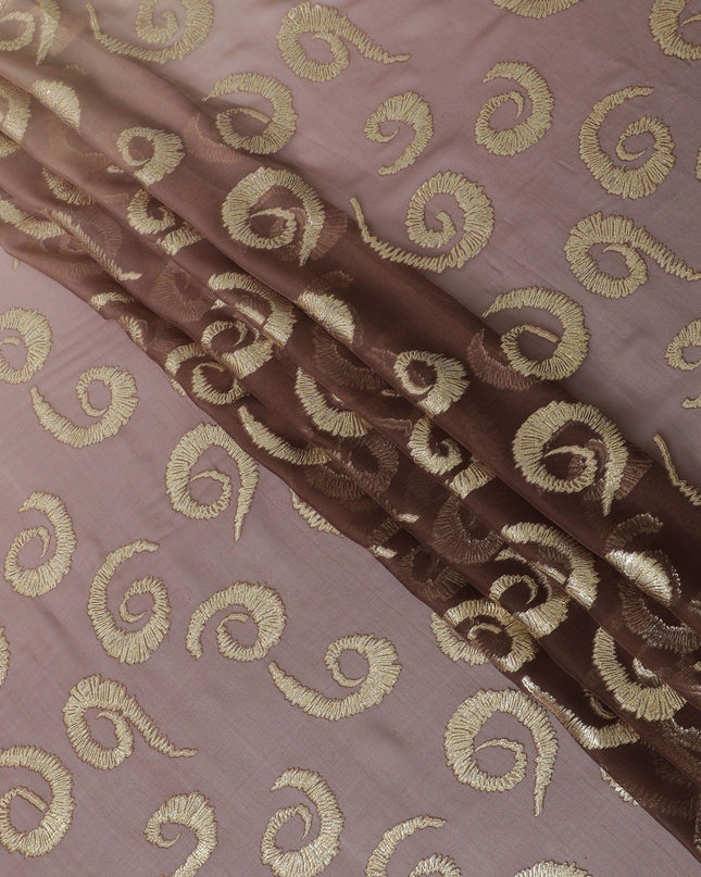 Light brown to brown premium pure silk chiffon fabric with gold metallic lurex in ombre design-D13714