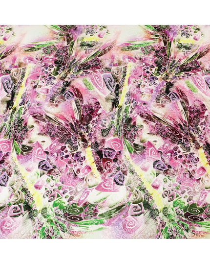 White Premium Italian silk chiffon dirac (makmal) fabric with multicolor print having velvet jacquard in floral design-D8698 Regal Fabrics