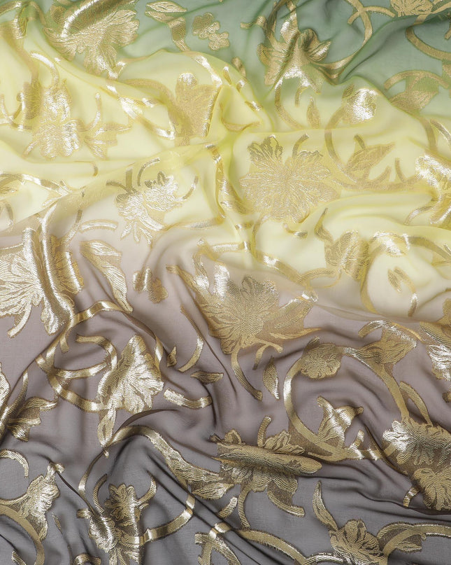 قماش شيفون حريري فرنسي (فرنساوي) فاخر باللون الأخضر والأصفر والبني بتصميم باريسي-D14024