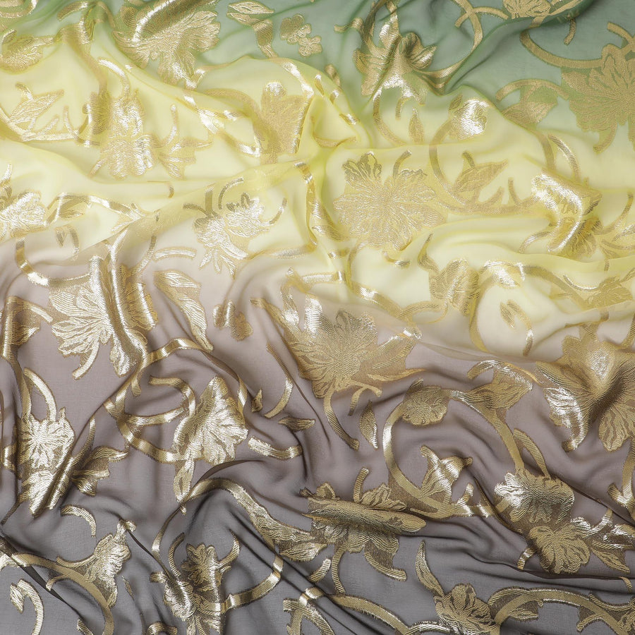 Paris green, yellow, brown Premium pure French (Fransawi) silk chiffon fabric in floral design-D14024