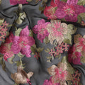 Black synthetic chiffon fabric with multicolor embroidery in floral esign-D12339
