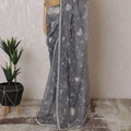 Coin grey Premium silk organza saree with gold bead work having sequin work and pearl work in floral design-D15593