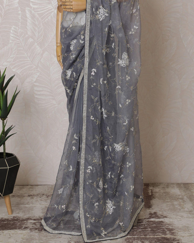 Coin grey Premium silk organza saree with gold bead work having sequin work and pearl work in floral design-D15593