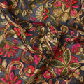 Navy blue synthetic chiffon fabric with multicolor embroidery in floral design-D12491 Regal Fabrics