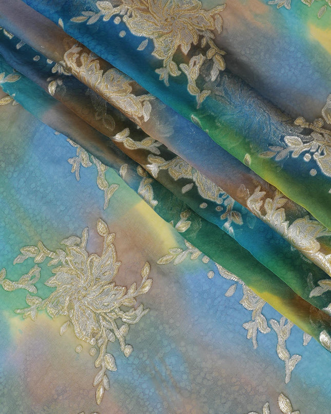 قماش شيفون حريري نقي فاخر متعدد الألوان مطبوع يدويًا مع لوركس معدني ذهبي بتصميم فاخر-D10410