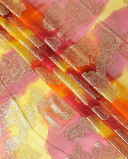 قماش شيفون حريري فرنسي (فرنساوي) فاخر متعدد الألوان مع لوركس معدني ذهبي بتصميم زهور-D14013