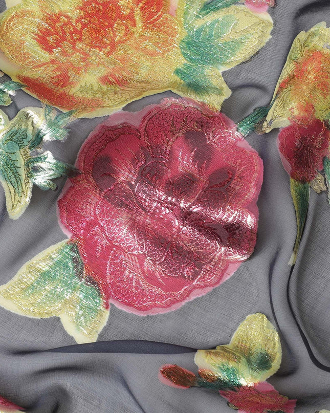 قماش شيفون حريري نقي فاخر باللون الأزرق الداكن مع لوركس معدني متعدد الألوان بتصميم زهور -D10780
