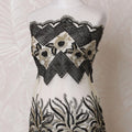 Gold nylon tulle fabric with same tone, black embroidery having stone work in fancy design-D14709 Regal Fabrics
