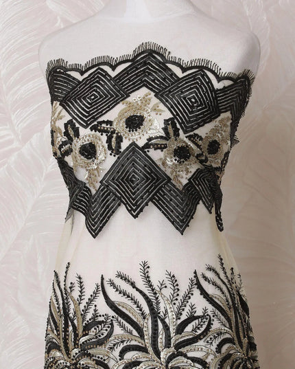 Gold nylon tulle fabric with same tone, black embroidery having stone work in fancy design-D14709 Regal Fabrics