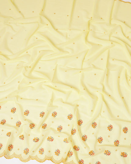 قماش الفوال القطني السويسري الفاخر (الثوب) باللون الأصفر الليموني مع تطريز برتقالي وذهبي وأصفر خردل مع أعمال حجرية بتصميم الأزهار -D7998