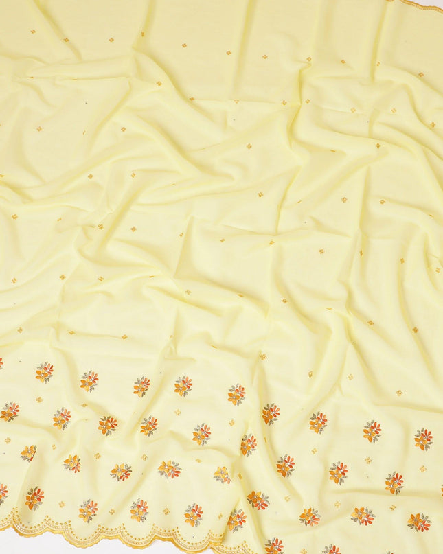 قماش الفوال القطني السويسري الفاخر (الثوب) باللون الأصفر الليموني مع تطريز برتقالي وذهبي وأصفر خردل مع أعمال حجرية بتصميم الأزهار -D7998