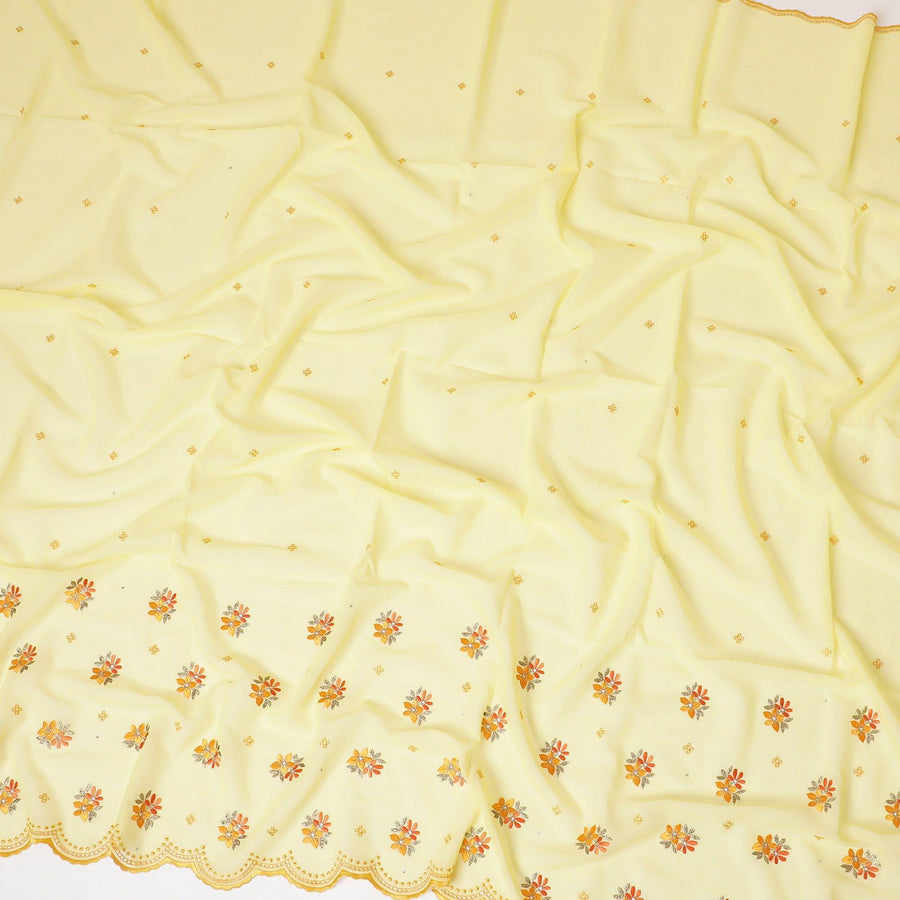 قماش الفوال القطني السويسري الفاخر (الثوب) باللون الأصفر الليموني مع تطريز برتقالي وذهبي وأصفر خردل مع أعمال حجرية بتصميم الأزهار -D7998